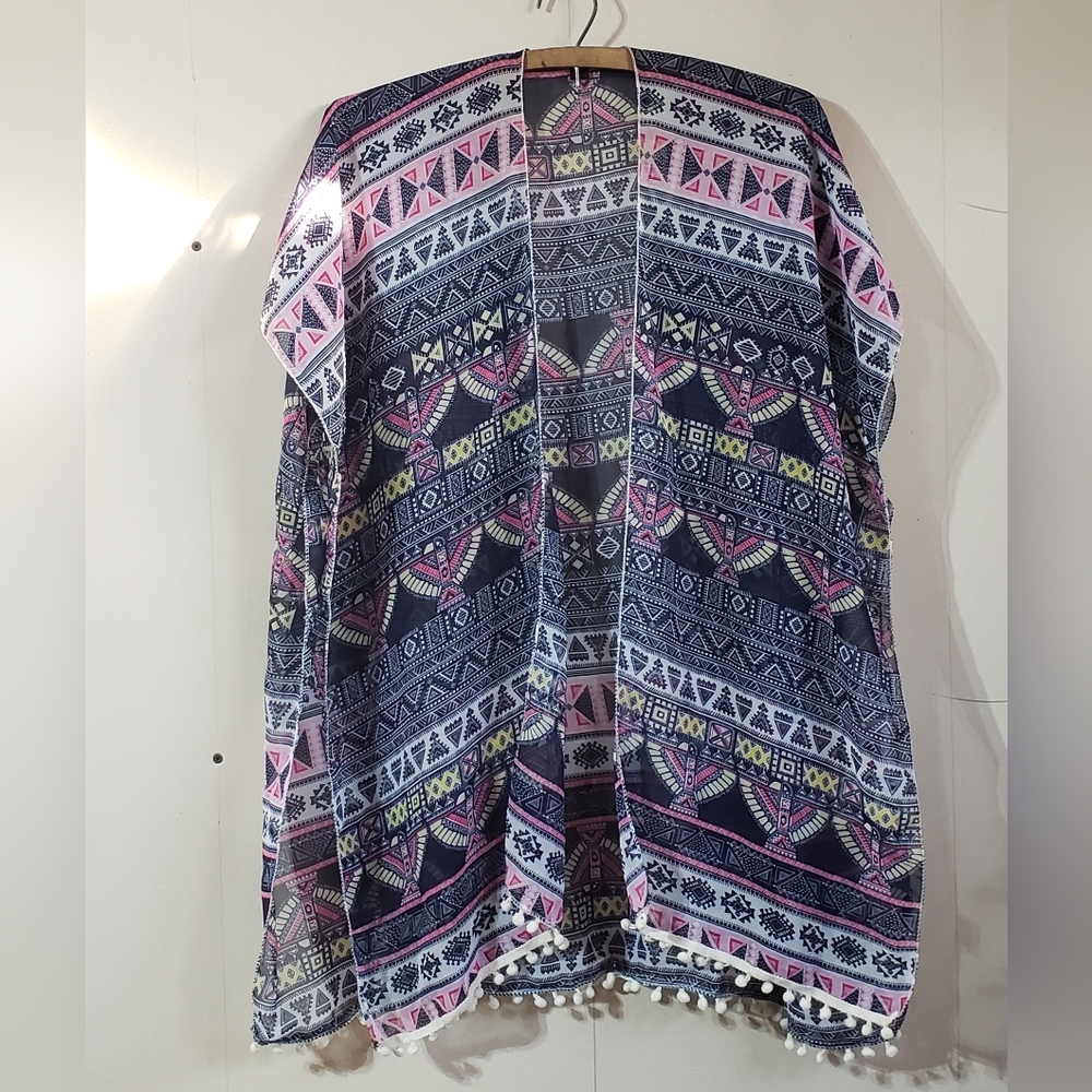 colorful Lightweight Sheer open front boho short kimono Pom Pom Trim, women's OS